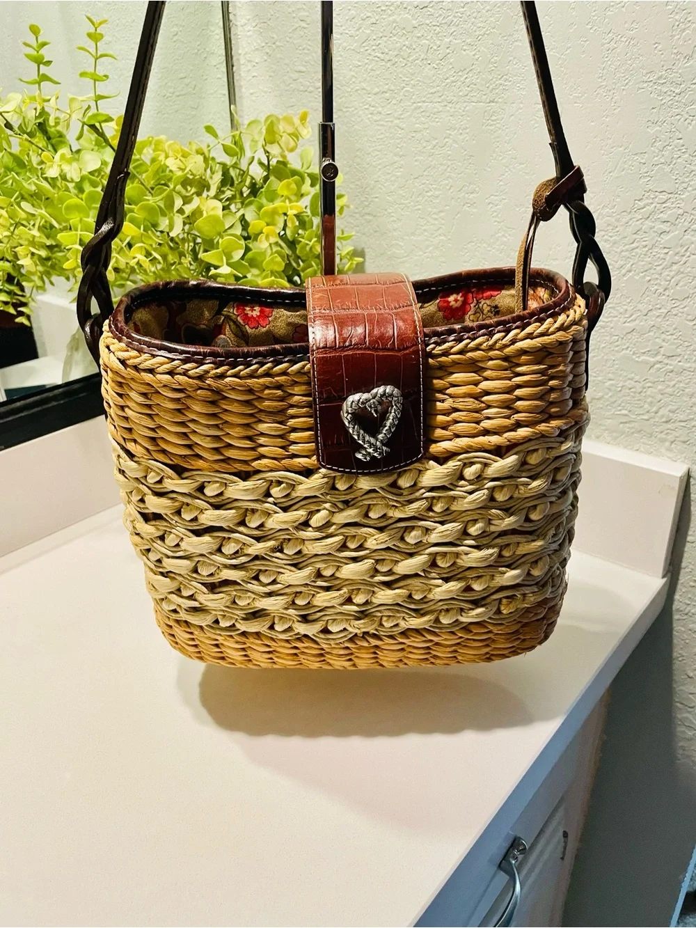 Brighton Straw Shoulder Bag with Leather Strap and Accents